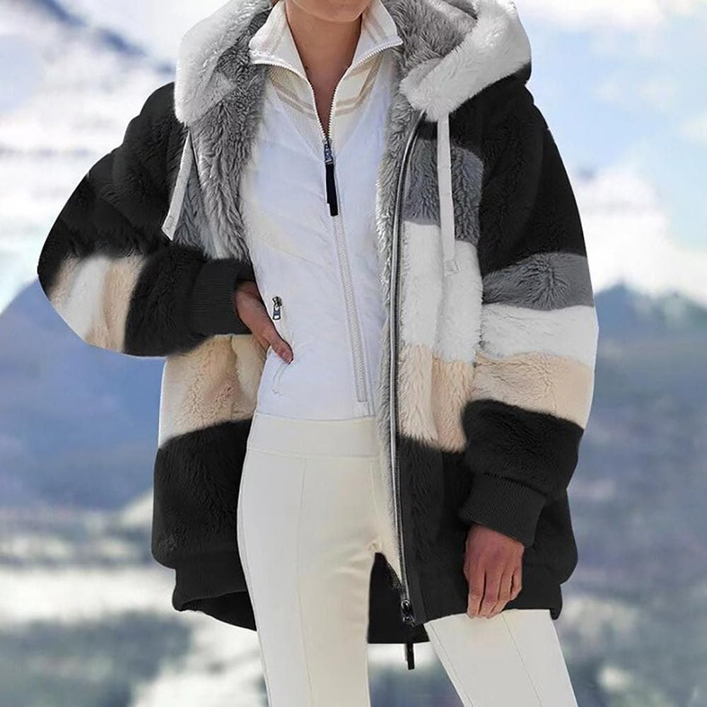 2025 Veste d'hiver en peluche avec capuche colorblock et poches pour femmes