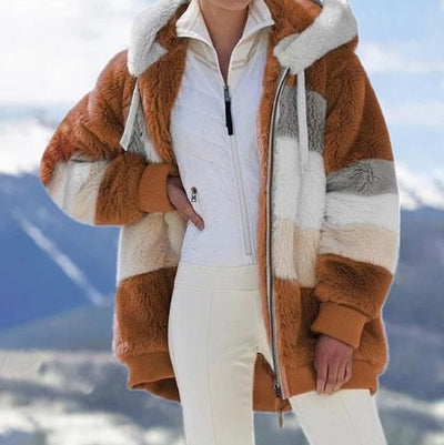 2025 Veste d'hiver en peluche avec capuche colorblock et poches pour femmes
